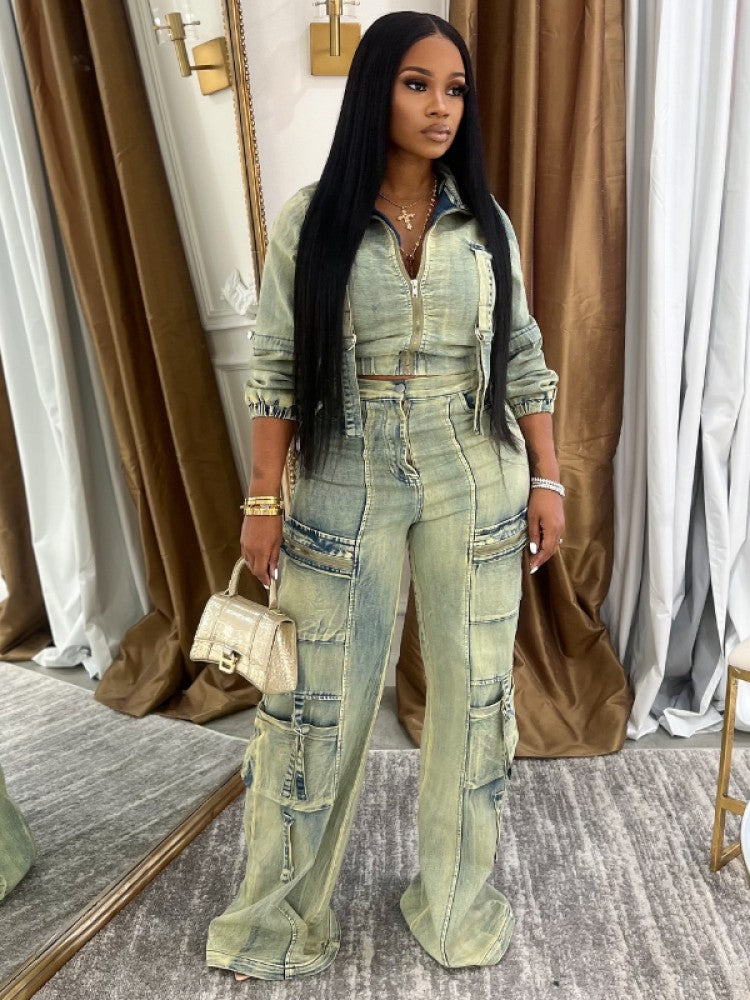 Fashionable Washed Denim Jacket & Cargo Pant Set, Distressed Two-Piece Outfit