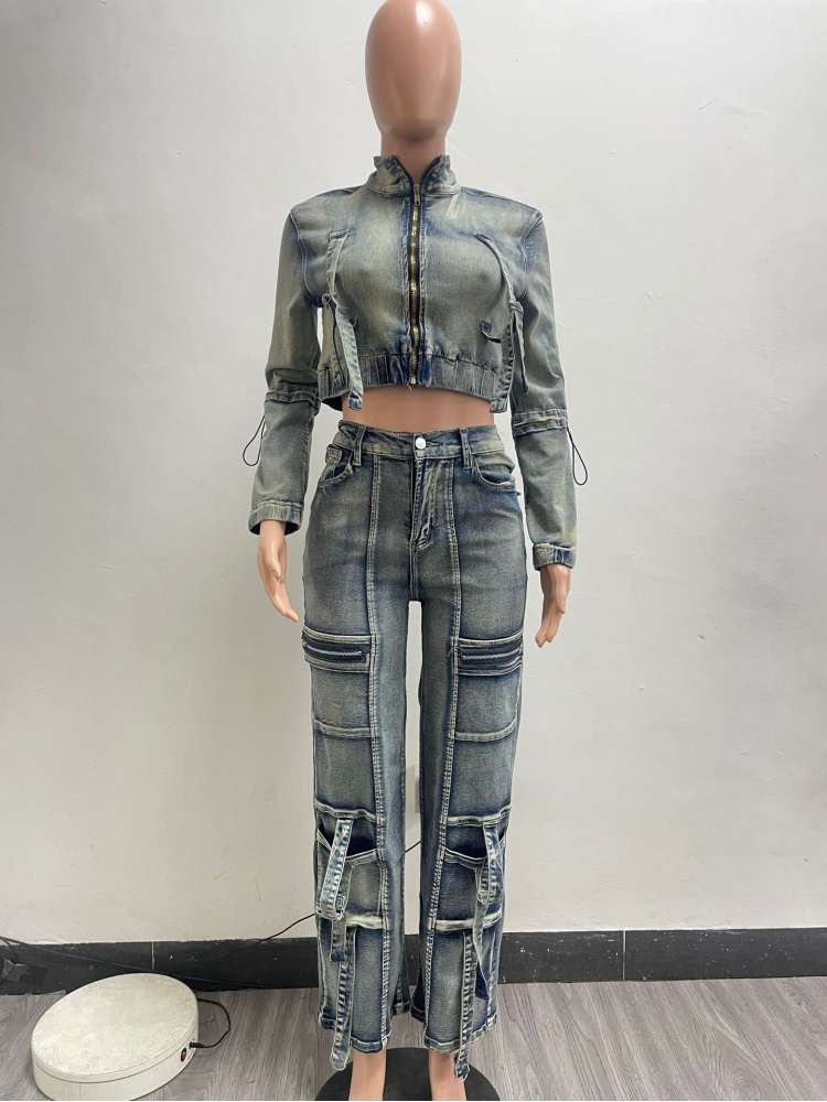 Fashionable Washed Denim Jacket & Cargo Pant Set, Distressed Two-Piece Outfit