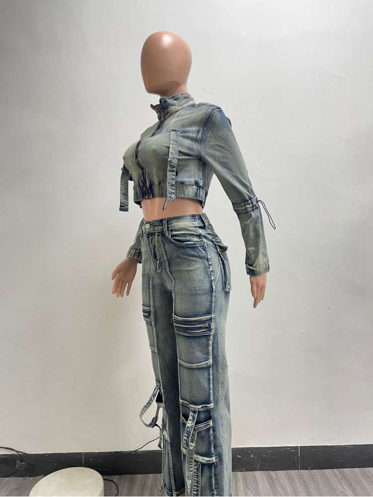 Fashionable Washed Denim Jacket & Cargo Pant Set, Distressed Two-Piece Outfit