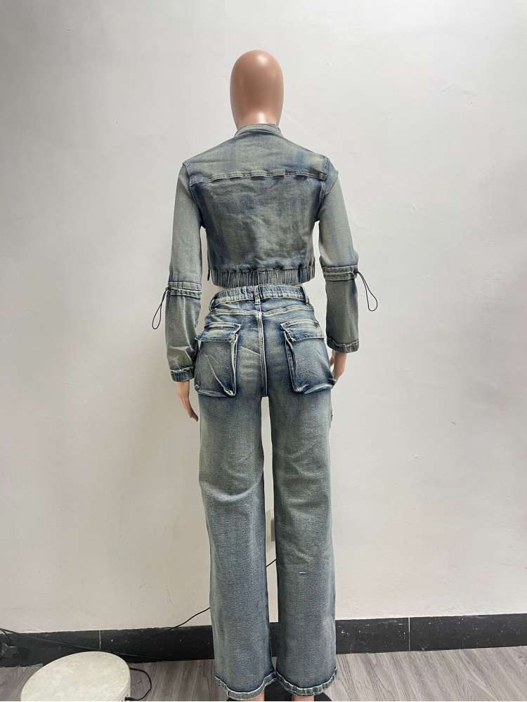 Fashionable Washed Denim Jacket & Cargo Pant Set, Distressed Two-Piece Outfit