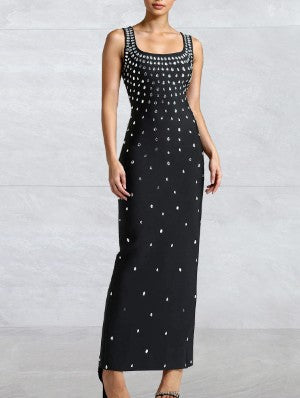 Elegant U-Neck Sleeveless Fitted Maxi Dress, Pure Color Bodycon Style