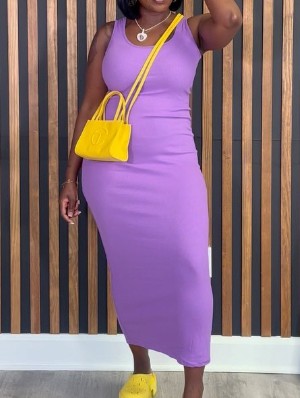 Elegant U-Neck Sleeveless Fitted Maxi Dress, Pure Color Bodycon Style