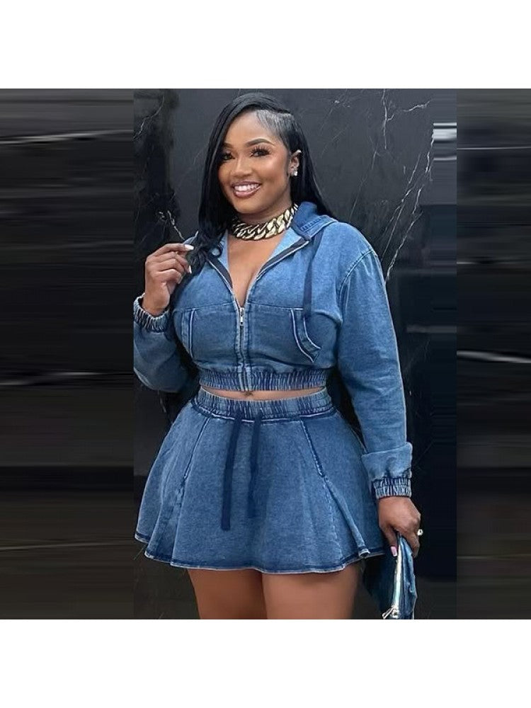 Trendy Washed Denim Cropped Hooded Skirt Set - Stylish Two-Piece Outfit