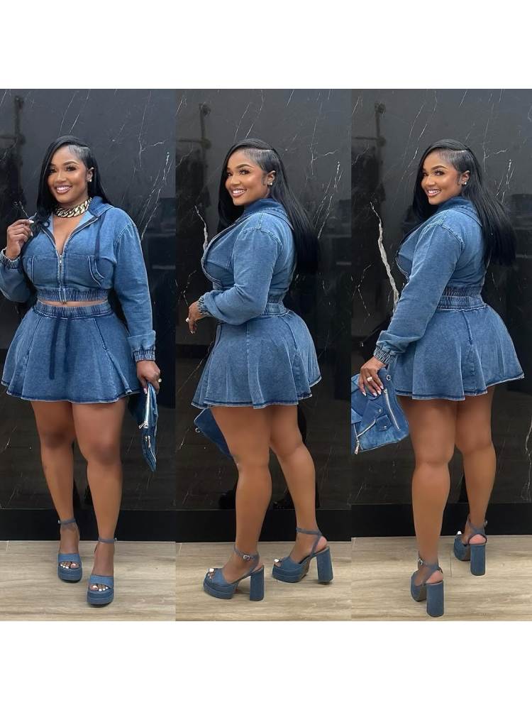Trendy Washed Denim Cropped Hooded Skirt Set - Stylish Two-Piece Outfit