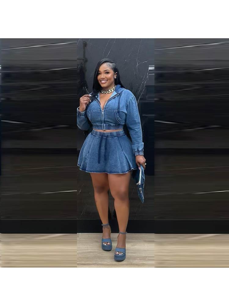 Trendy Washed Denim Cropped Hooded Skirt Set - Stylish Two-Piece Outfit