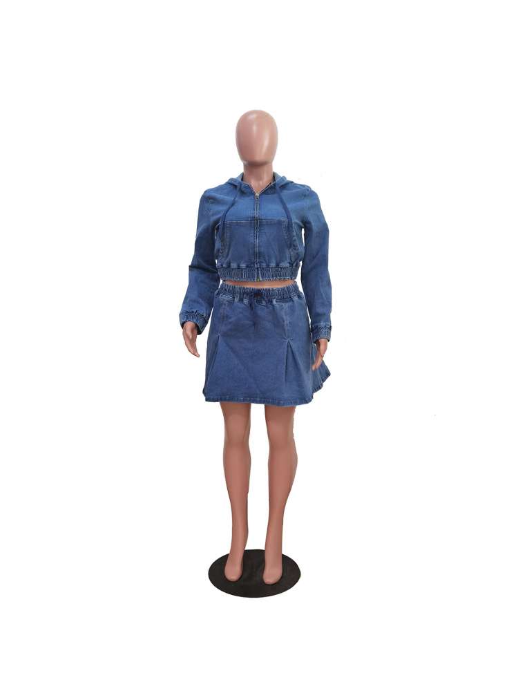 Trendy Washed Denim Cropped Hooded Skirt Set - Stylish Two-Piece Outfit