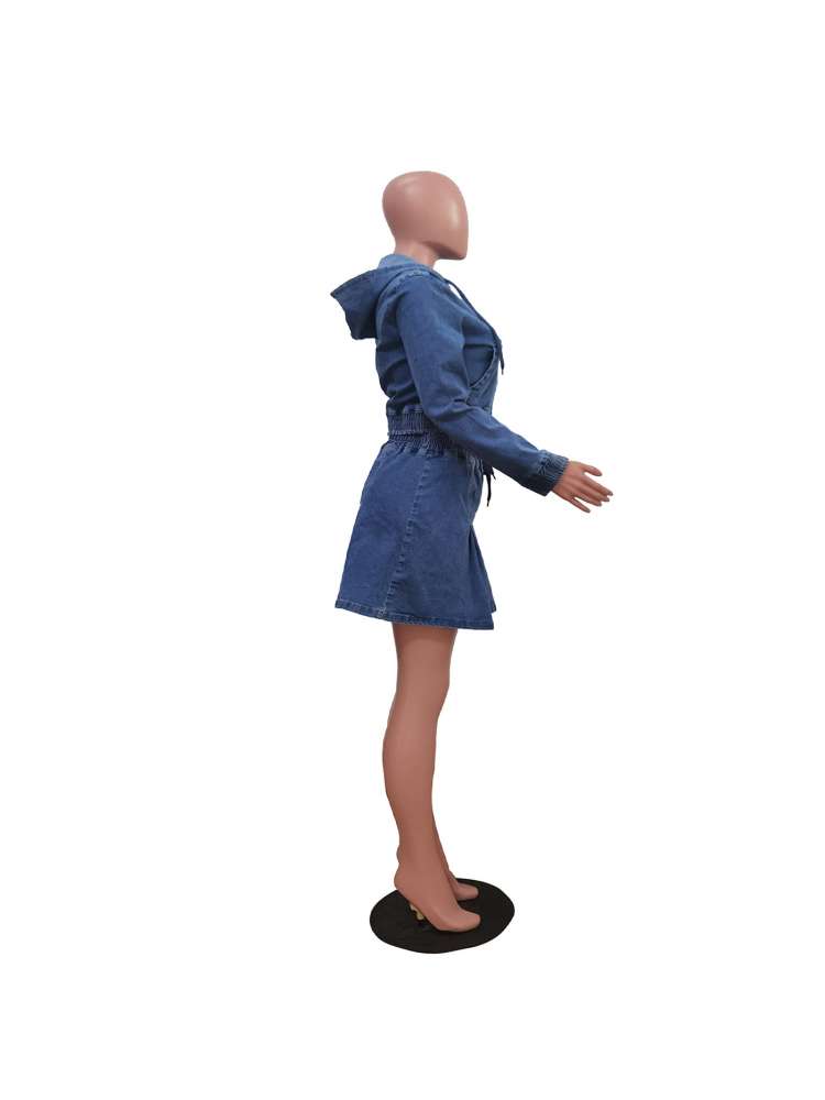 Trendy Washed Denim Cropped Hooded Skirt Set - Stylish Two-Piece Outfit