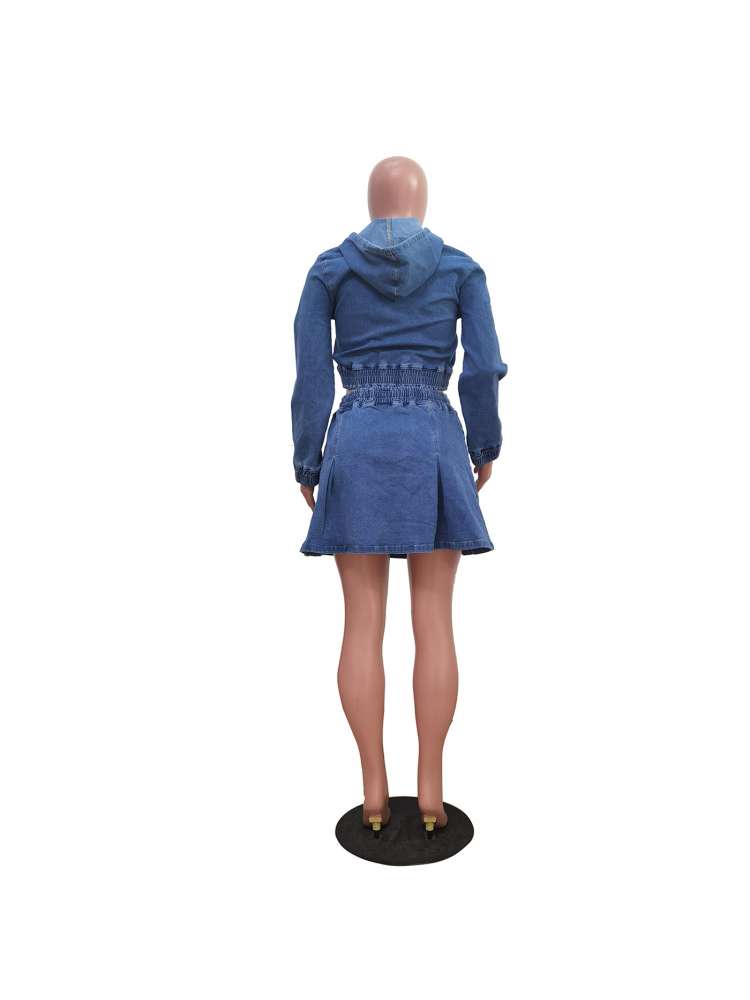 Trendy Washed Denim Cropped Hooded Skirt Set - Stylish Two-Piece Outfit