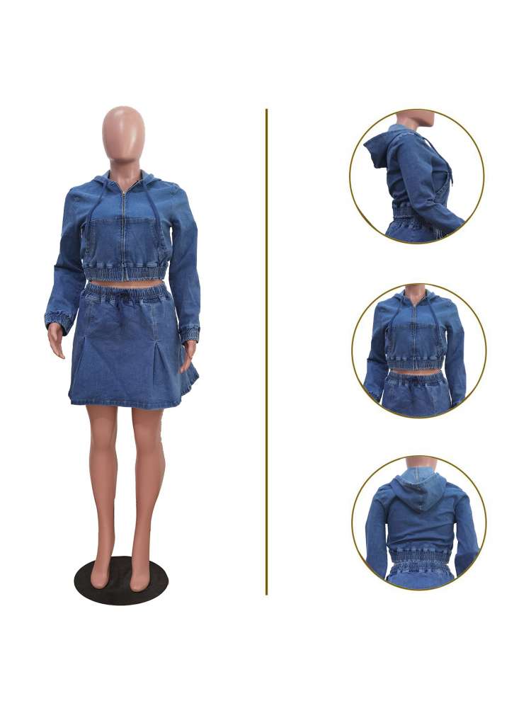 Trendy Washed Denim Cropped Hooded Skirt Set - Stylish Two-Piece Outfit