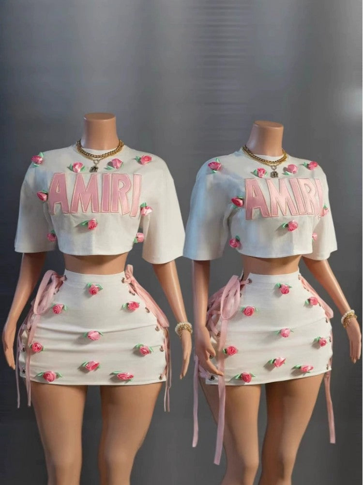Trendy Rose Print Cropped Top & Tie-Wrap Skirt Set: Stylish Two-Piece Outfit