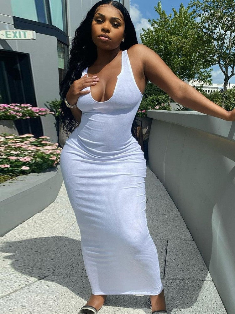 Elegant U-Neck Sleeveless Fitted Maxi Dress, Pure Color Bodycon Style