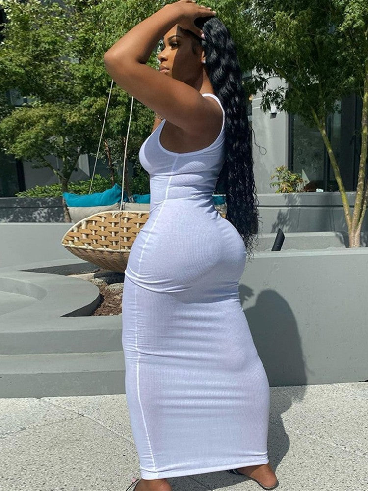Elegant U-Neck Sleeveless Fitted Maxi Dress, Pure Color Bodycon Style