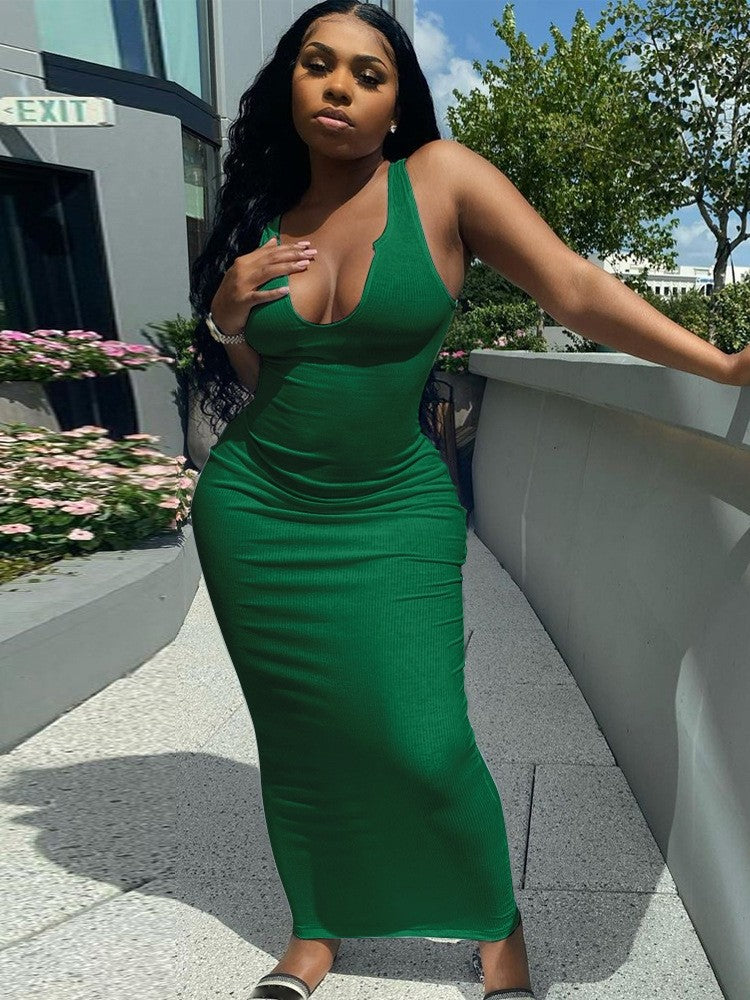 Elegant U-Neck Sleeveless Fitted Maxi Dress, Pure Color Bodycon Style