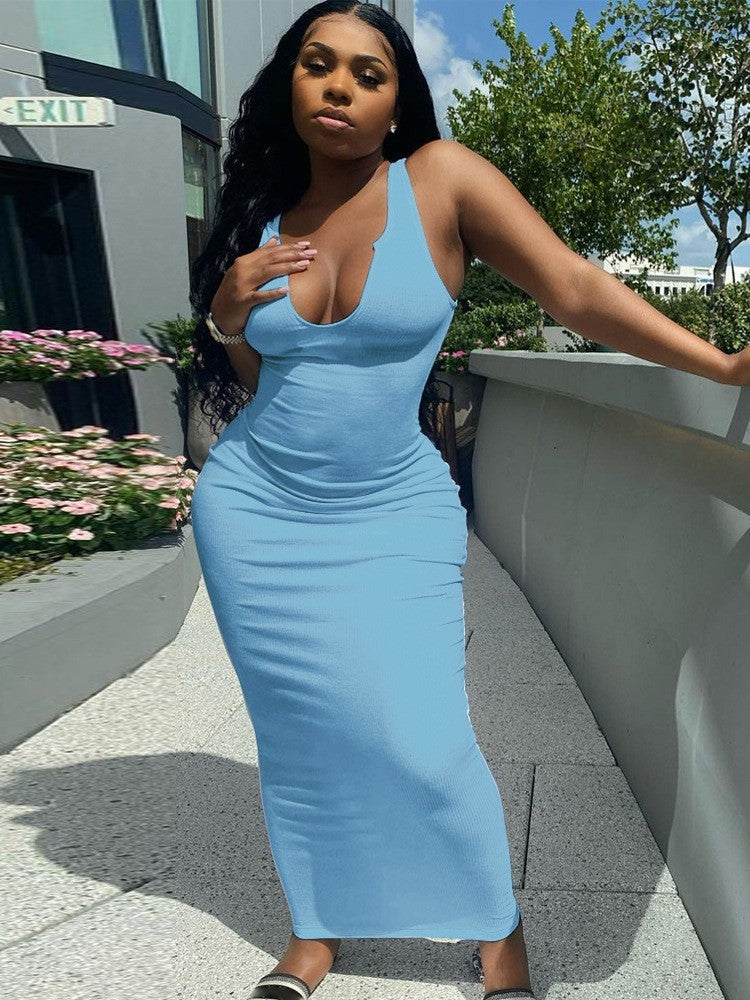 Elegant U-Neck Sleeveless Fitted Maxi Dress, Pure Color Bodycon Style