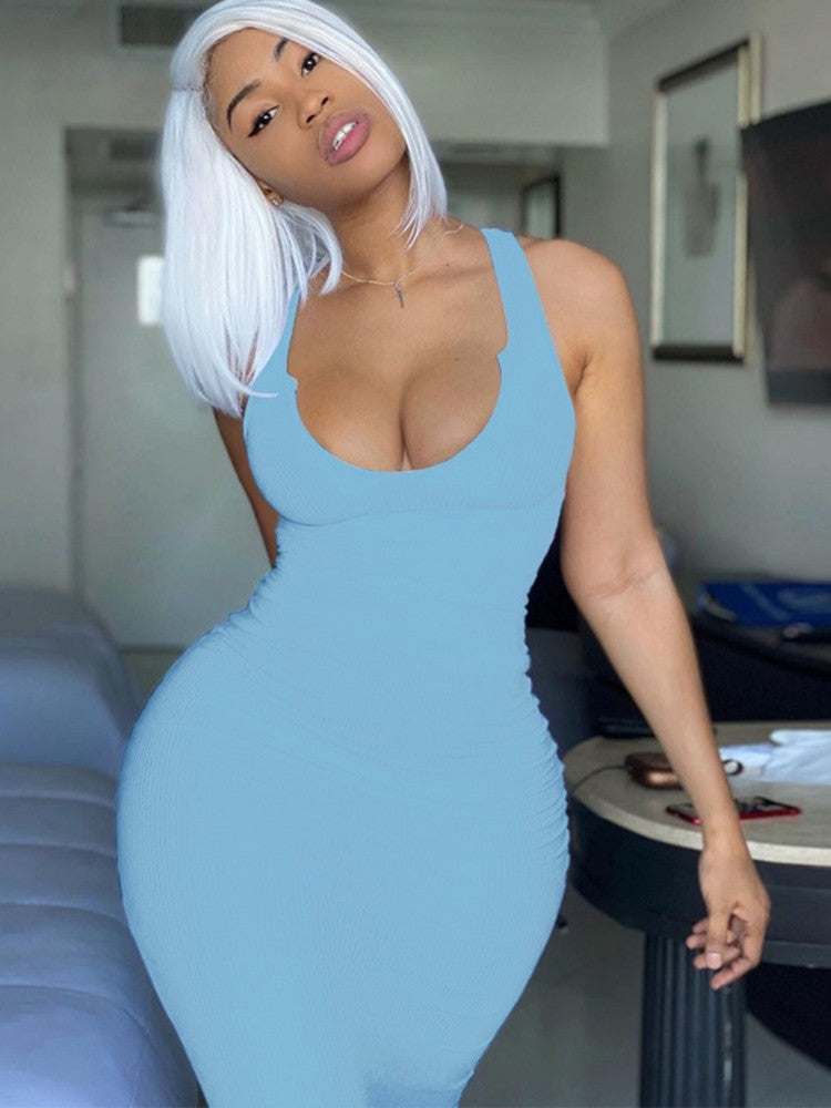 Elegant U-Neck Sleeveless Fitted Maxi Dress, Pure Color Bodycon Style
