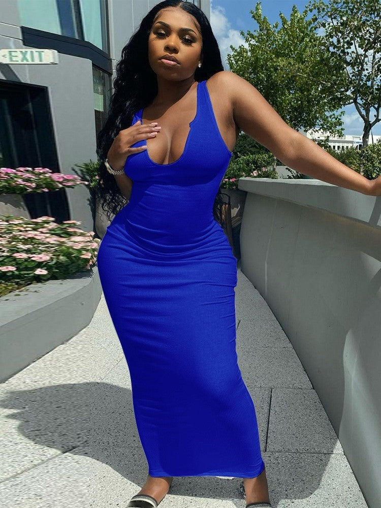 Elegant U-Neck Sleeveless Fitted Maxi Dress, Pure Color Bodycon Style