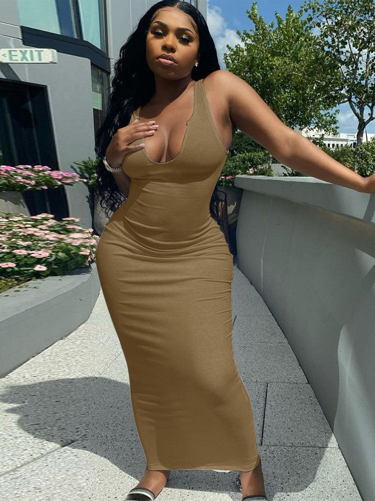 Elegant U-Neck Sleeveless Fitted Maxi Dress, Pure Color Bodycon Style