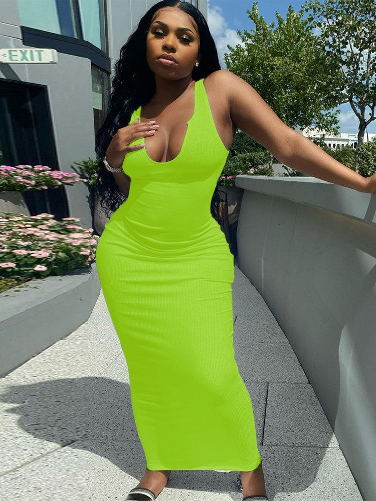 Elegant U-Neck Sleeveless Fitted Maxi Dress, Pure Color Bodycon Style