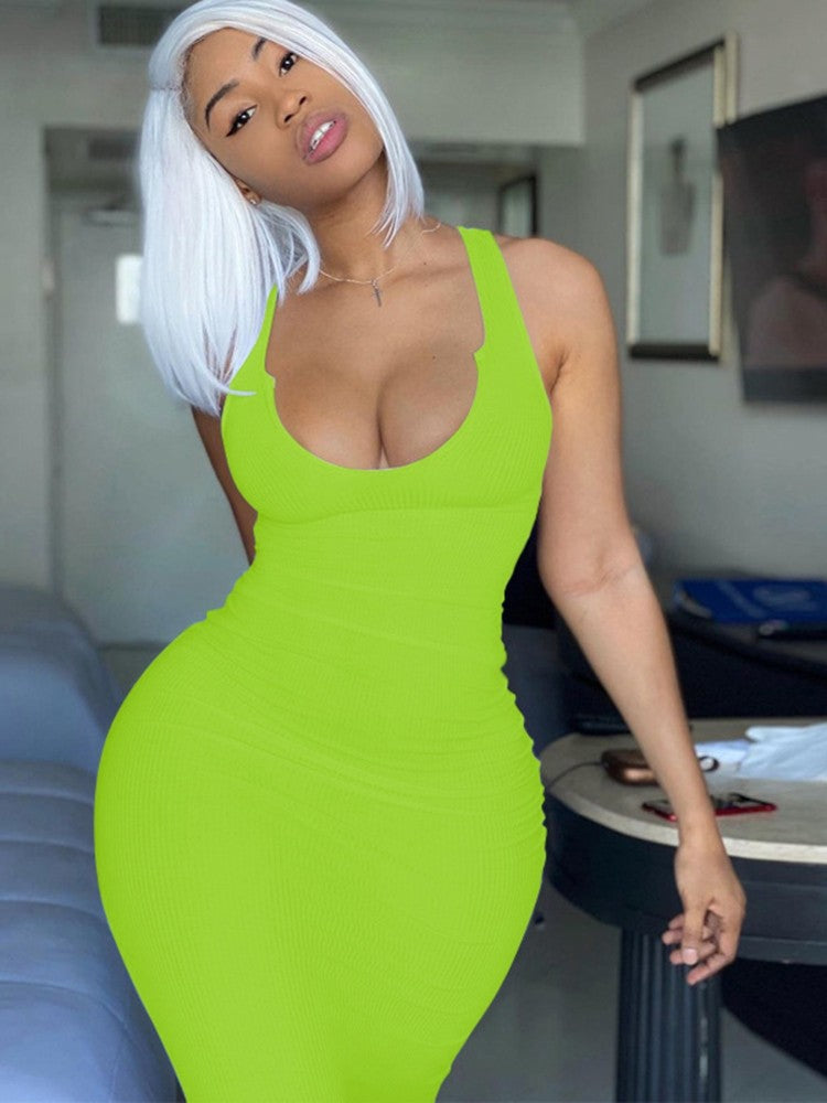 Elegant U-Neck Sleeveless Fitted Maxi Dress, Pure Color Bodycon Style