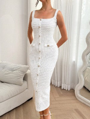 Elegant U-Neck Sleeveless Fitted Maxi Dress, Pure Color Bodycon Style