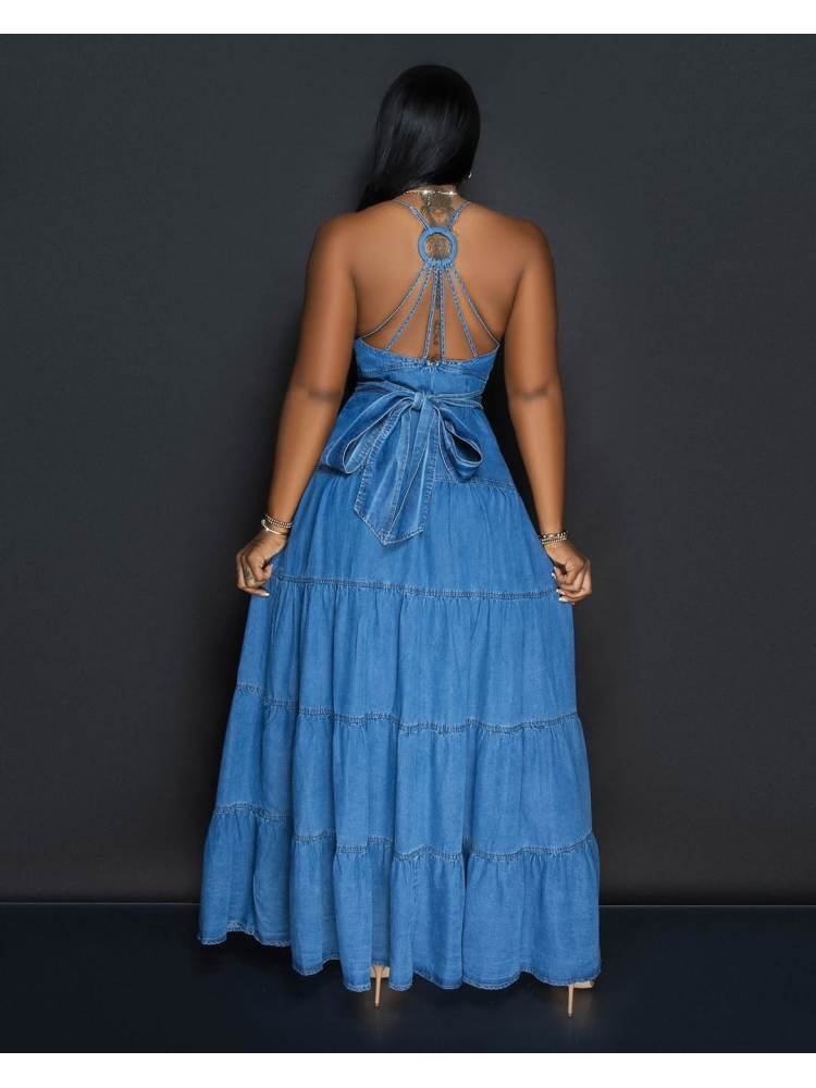Stylish Denim Backless V-Neck Tiered Split Hem Maxi Dress for Women