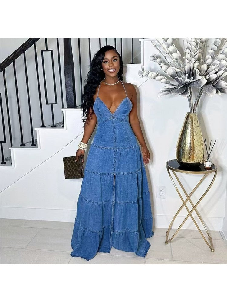Stylish Denim Backless V-Neck Tiered Split Hem Maxi Dress for Women