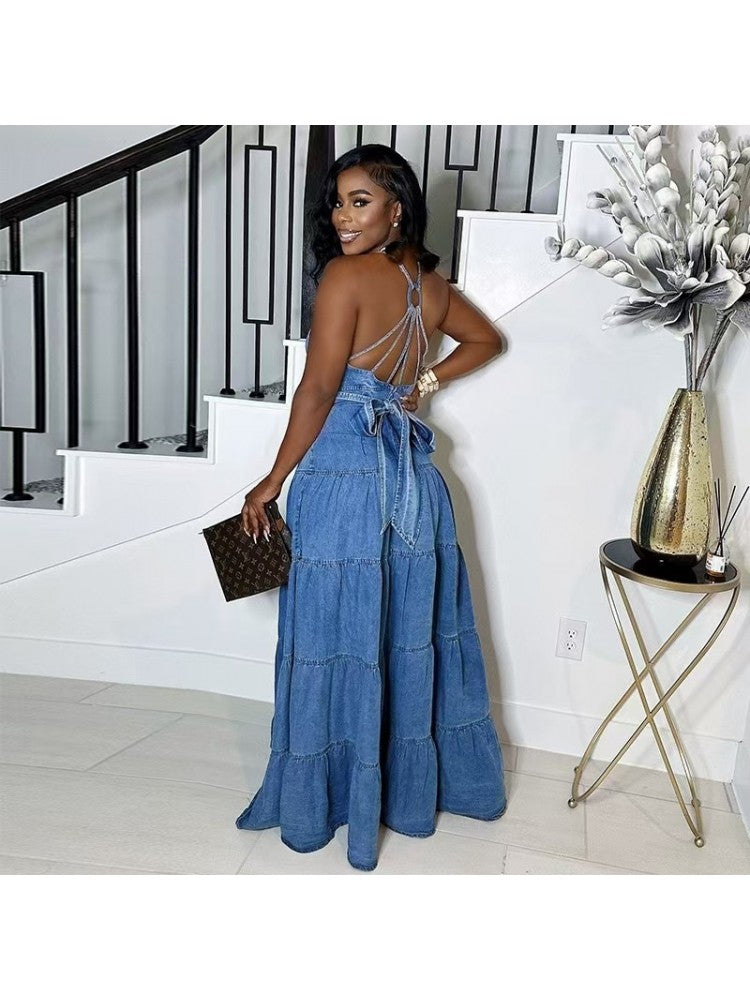 Stylish Denim Backless V-Neck Tiered Split Hem Maxi Dress for Women