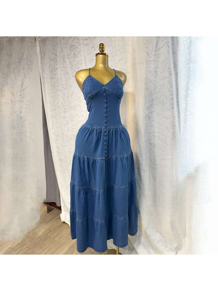 Stylish Denim Backless V-Neck Tiered Split Hem Maxi Dress for Women