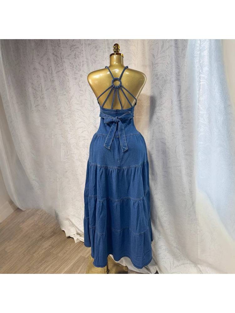 Stylish Denim Backless V-Neck Tiered Split Hem Maxi Dress for Women