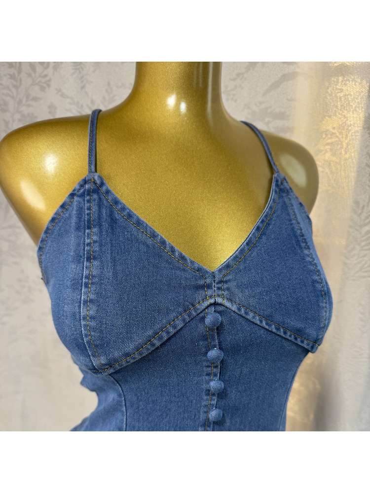 Stylish Denim Backless V-Neck Tiered Split Hem Maxi Dress for Women