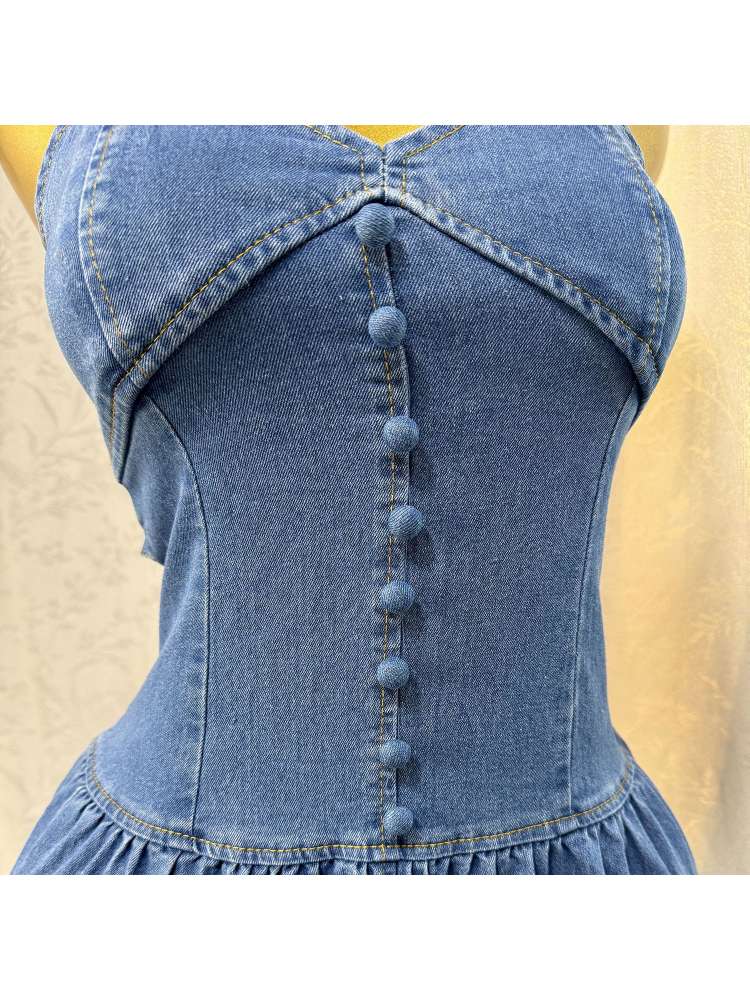 Stylish Denim Backless V-Neck Tiered Split Hem Maxi Dress for Women