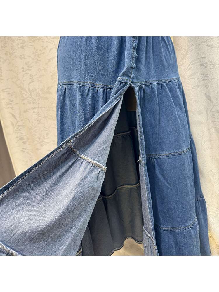 Stylish Denim Backless V-Neck Tiered Split Hem Maxi Dress for Women