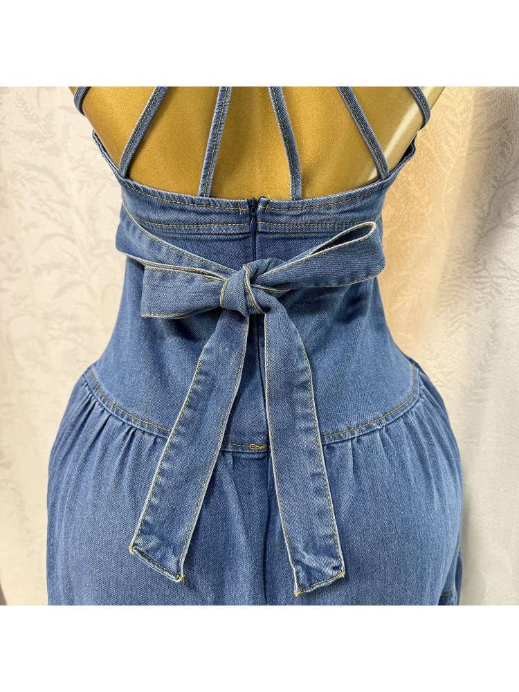 Stylish Denim Backless V-Neck Tiered Split Hem Maxi Dress for Women