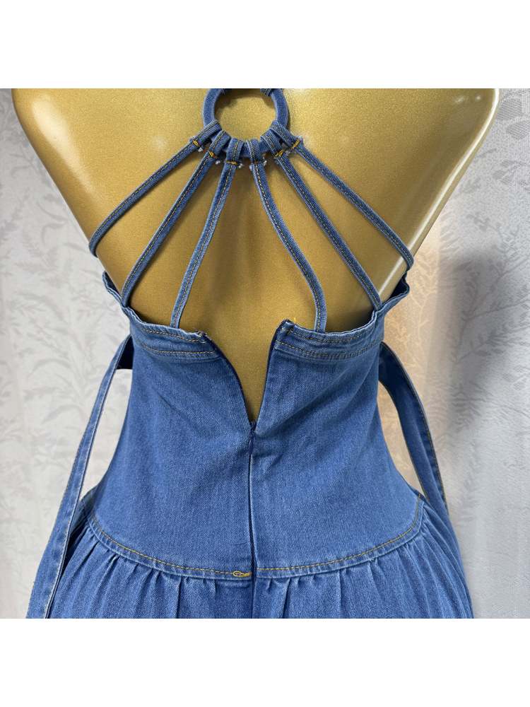 Stylish Denim Backless V-Neck Tiered Split Hem Maxi Dress for Women