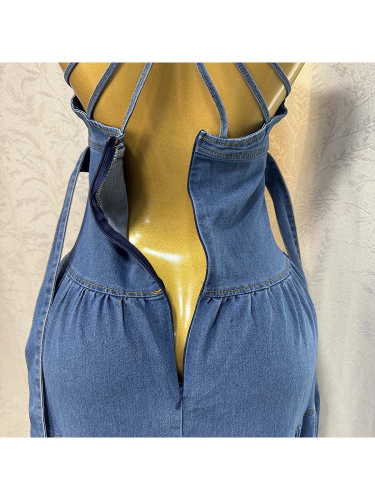 Stylish Denim Backless V-Neck Tiered Split Hem Maxi Dress for Women