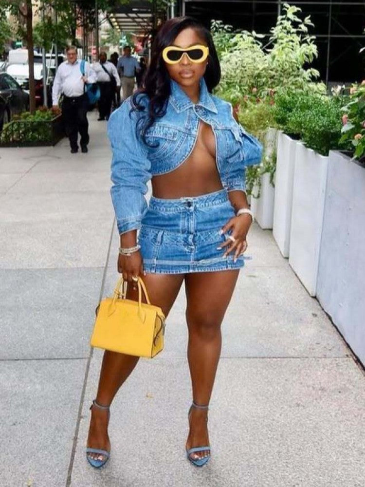 Trendy Washed Denim Cropped Jacket & Mini Skirt Set - Irregular Design