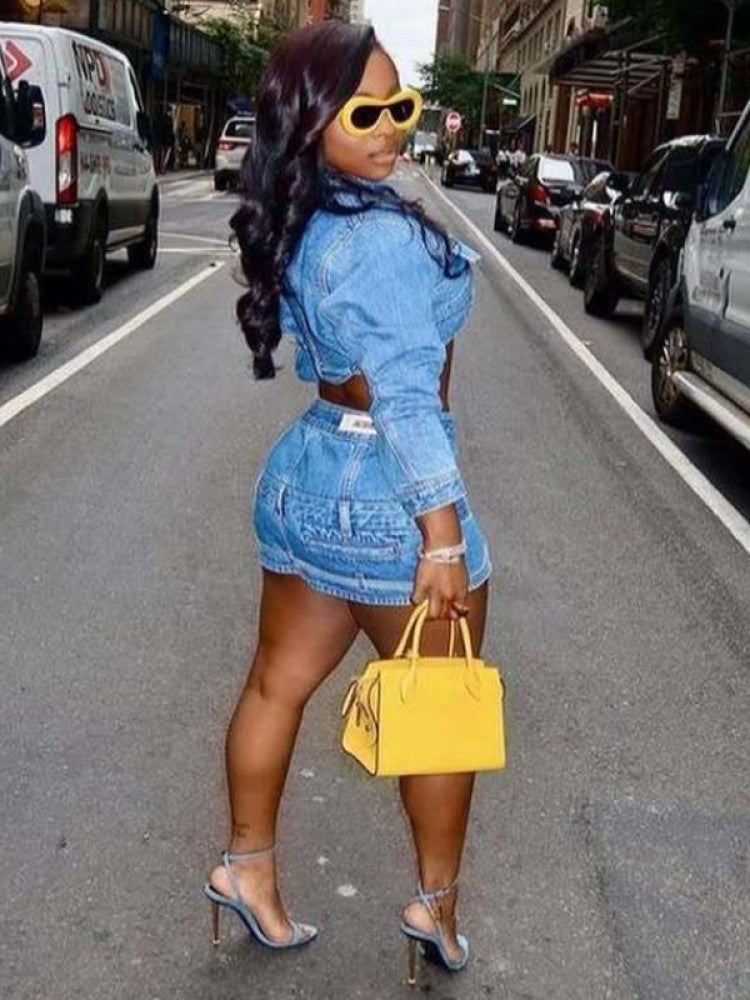 Trendy Washed Denim Cropped Jacket & Mini Skirt Set - Irregular Design