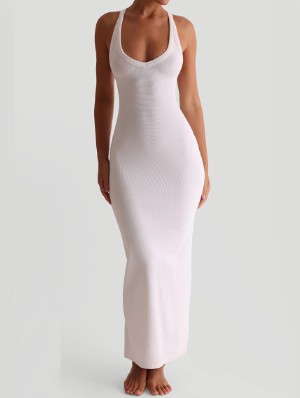 Elegant U-Neck Sleeveless Fitted Maxi Dress, Pure Color Bodycon Style