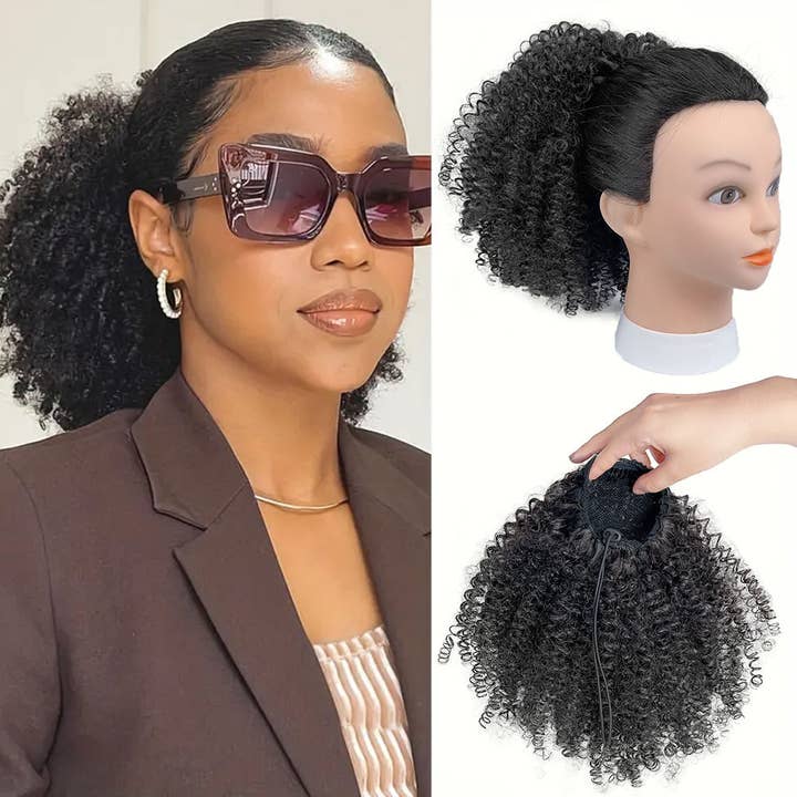 Short Afro Kinky Curly Drawstring Ponytail: Heat Resistant Hair Extension