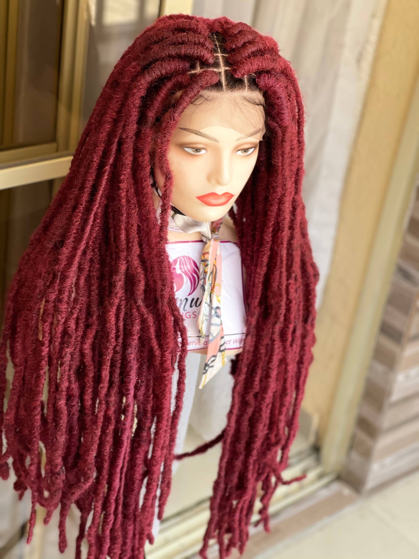 36-inch Long Wine Distressed Faux Locs Lace Front Braided Wig