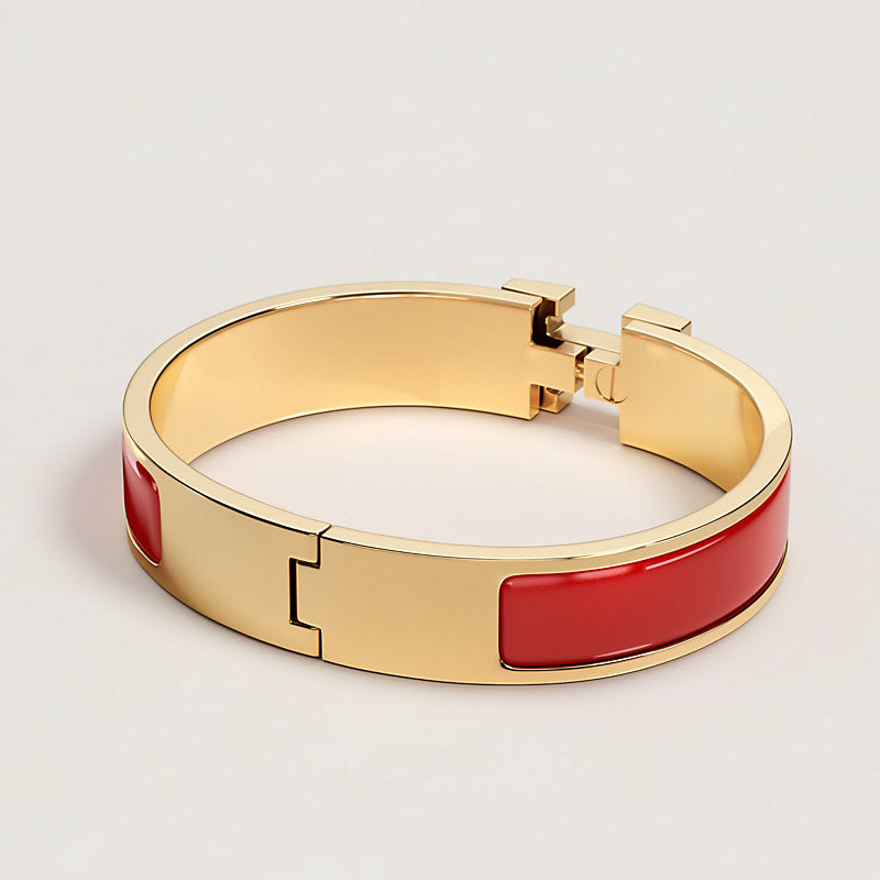 Hermes Clic H Red Enamel Yellow Gold Plated Narrow Bracelet for Women