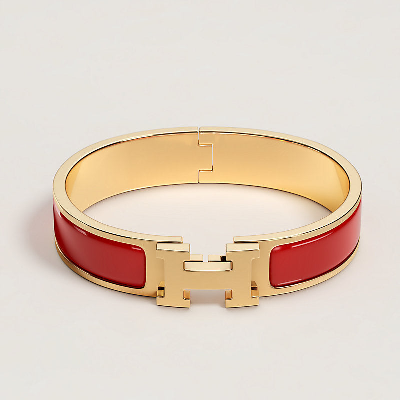 Hermes Clic H Red Enamel Yellow Gold Plated Narrow Bracelet for Women