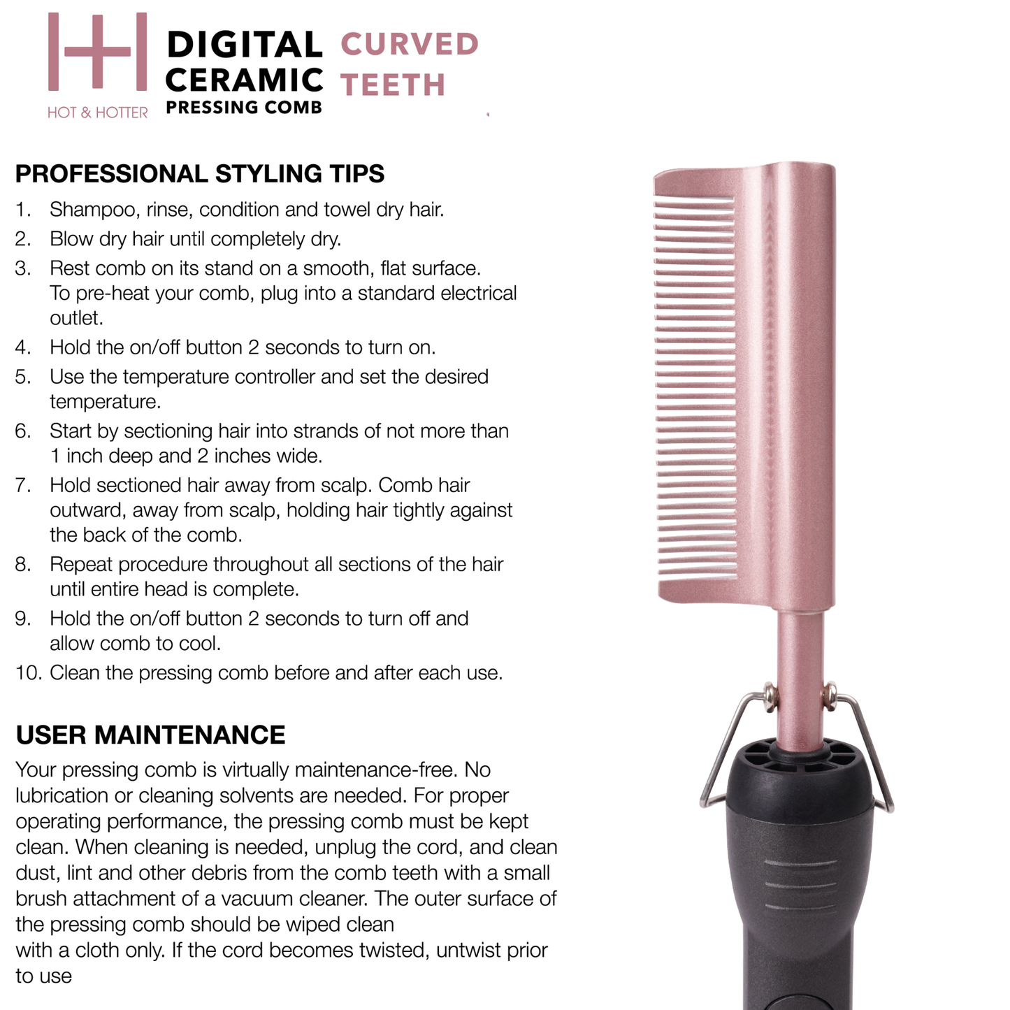 Hot & Hotter Digital Ceramic Pressing Comb with Curved Teeth for Frizz-Free Styling