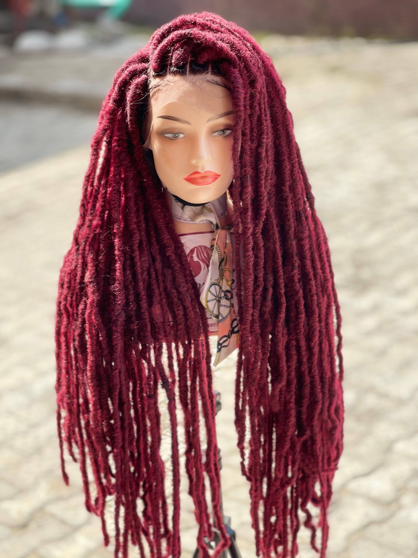 36-inch Long Wine Distressed Faux Locs Lace Front Braided Wig