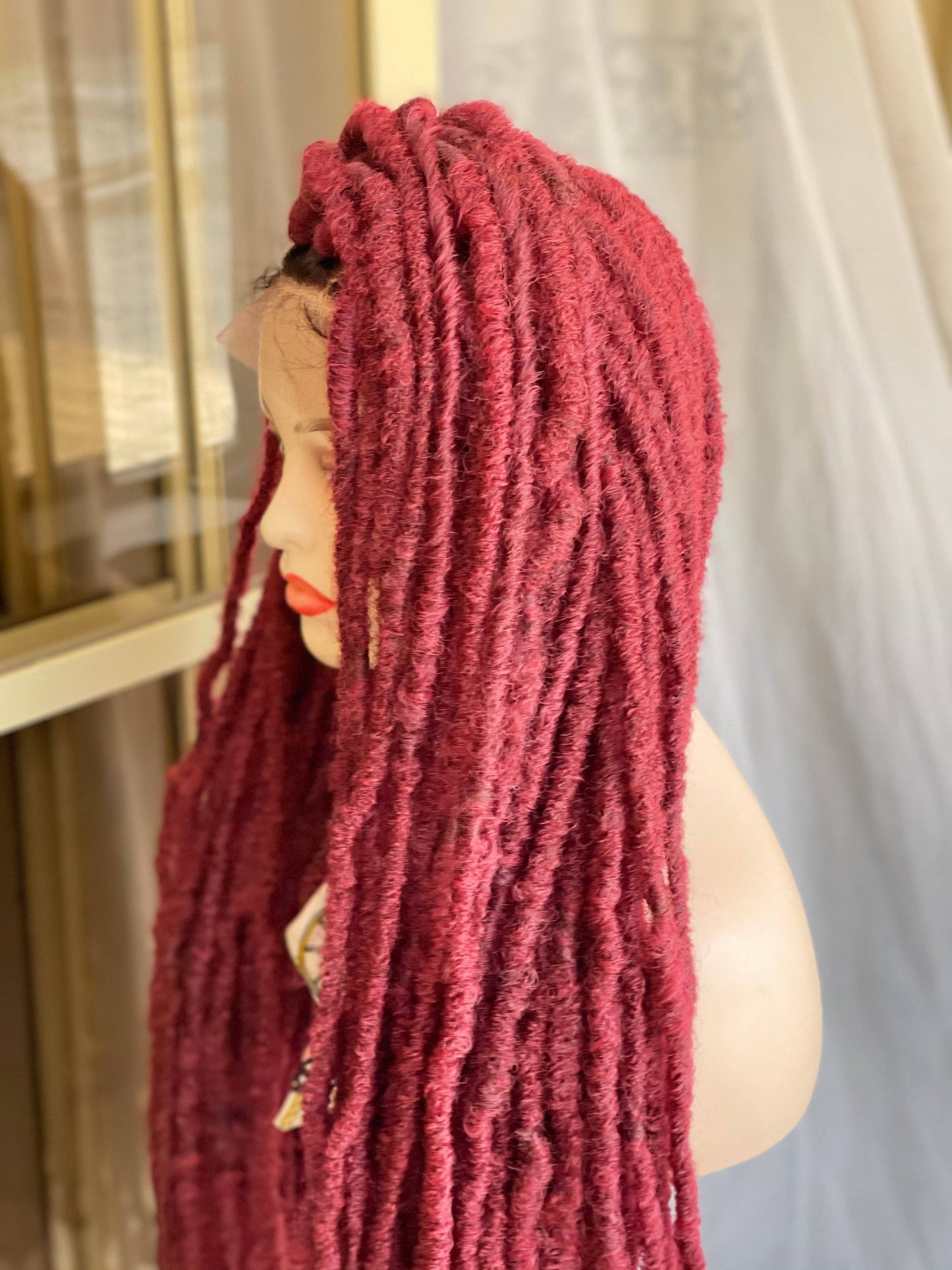 36-inch Long Wine Distressed Faux Locs Lace Front Braided Wig