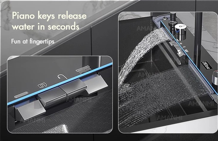 304 Stainless Steel Waterfall Kitchen Sink Large Single Slot Integrated Digital Display Faucet Set Soap Dispenser Cup Washer