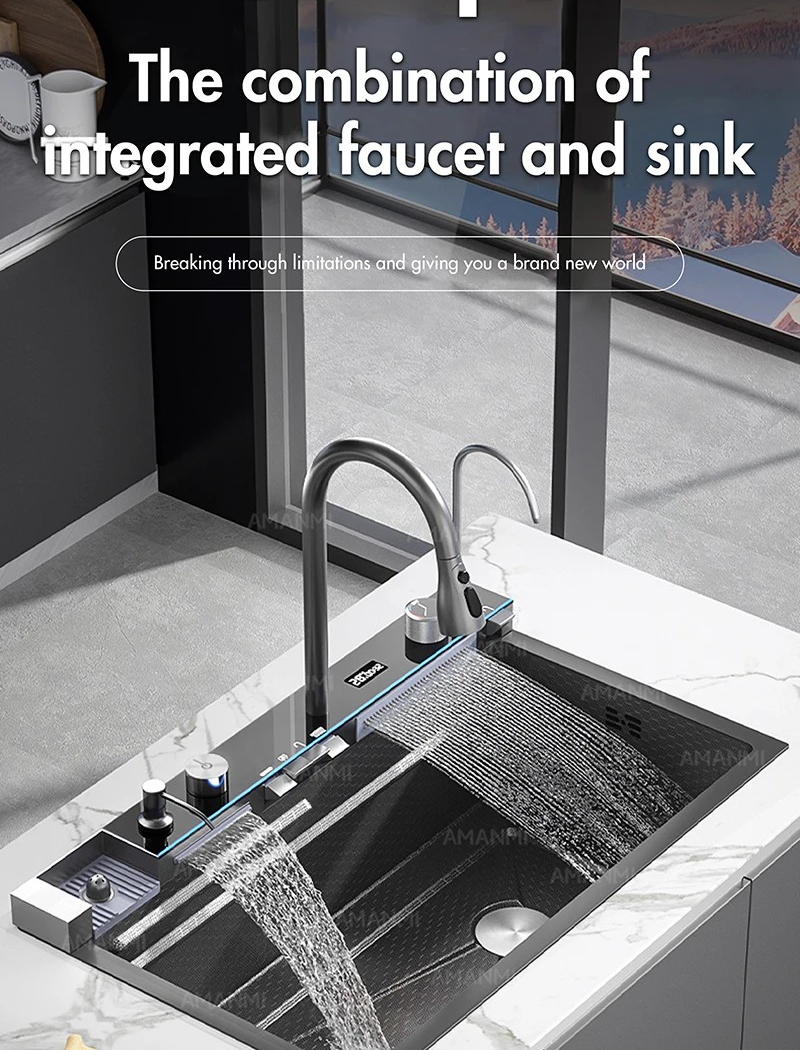304 Stainless Steel Waterfall Kitchen Sink Large Single Slot Integrated Digital Display Faucet Set Soap Dispenser Cup Washer