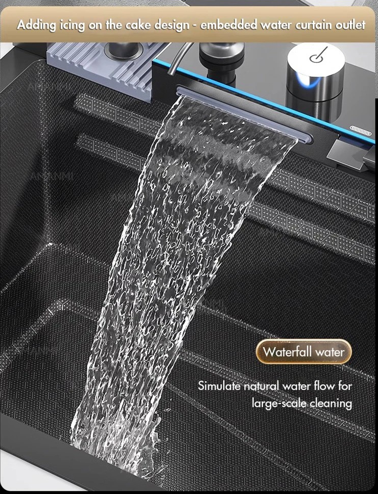 304 Stainless Steel Waterfall Kitchen Sink Large Single Slot Integrated Digital Display Faucet Set Soap Dispenser Cup Washer
