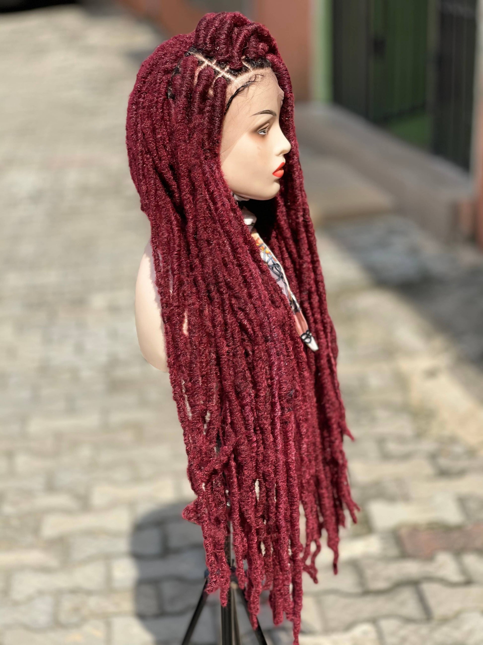36-inch Long Wine Distressed Faux Locs Lace Front Braided Wig