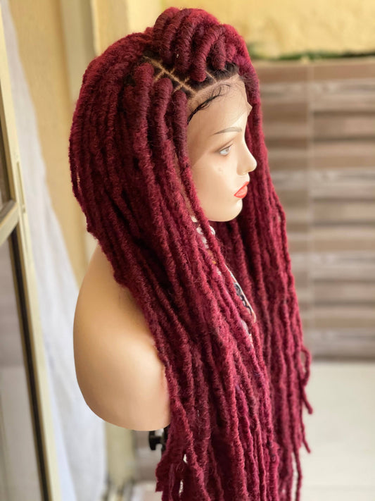 36-inch Long Wine Distressed Faux Locs Lace Front Braided Wig